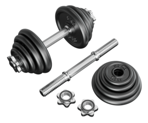 Black Adjustable Dumbbel and one taken apart with rod handle, weight plates and locks. Png clipart isolated on transparent background