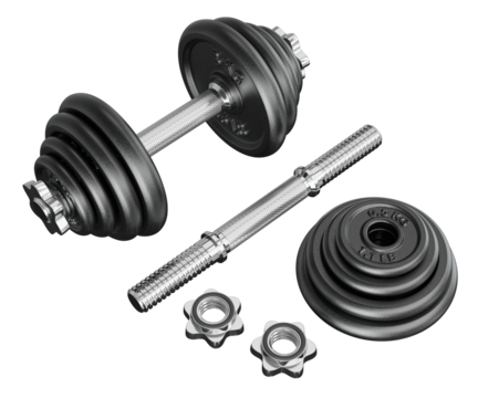 Black Adjustable Dumbbel and one taken apart with rod handle, weight plates and locks. Png clipart isolated on transparent background