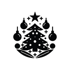 A simple yet elegant black and white illustration of a Christmas tree adorned with ornaments and a star. Perfect for holiday-themed designs.