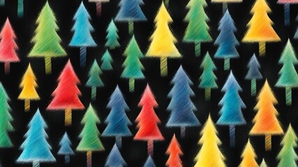 Black background with Christmas trees and pine trees of different sizes, abstract chalk or marker style winter New Year background for Christmas