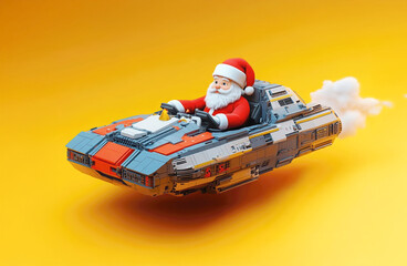 Naklejka premium Santa Claus adventuring in a futuristic vehicle amid Christmas clouds