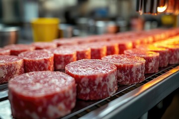 Assembly line of uncooked meat patties in modern food processing facility - Powered by Adobe