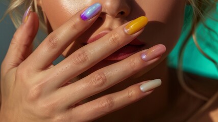 Fototapeta premium Beautiful girl hand care . Model woman showing colorful manicure on nails . Cosmetics ,beauty and makeup