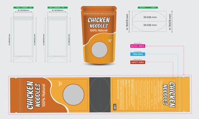 Chicken noodles pouch design template, pouch packaging mockup, 100% pure , food and product branding design