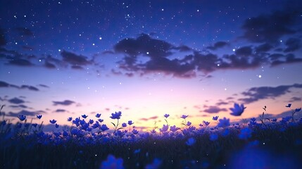 Fototapeta premium Field of blue flowers stretching under a starlit twilight sky, a tranquil scene with dreamy anime aesthetics, perfect for peaceful wallpaper.