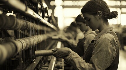 Naklejka premium Woman Working in Textile Factory, Vintage Look