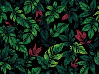 Fototapeta premium Dark pattern featuring exotic leaves in a bold, mysterious design, exotic, seamless, texture