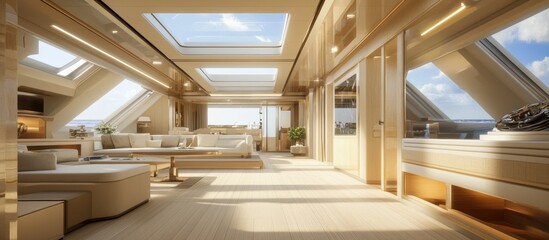 A spacious and modern living room interior with large windows, skylights, and white furniture.