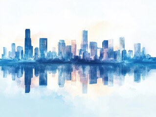 Obraz premium Dreamy Watercolor Skyline with Reflections in Calm Blue Tones