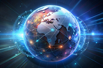 Obraz premium A digital depiction of Earth with glowing connections, illustrating global connectivity and technological advancement.