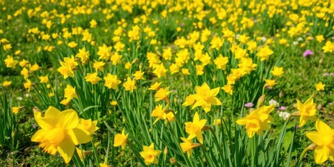 Obraz premium Field filled with vibrant yellow daffodil flowers under the bright sun, landscape, flora, scenic