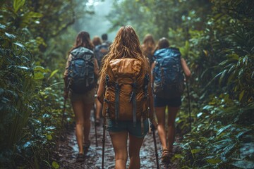 Obraz premium A serene image of pilgrims walking along an ancient nature trail on an epic journey surrounded by lush greenery. Generative AI