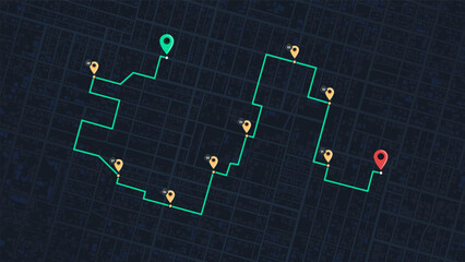 GPS navigation to pins and multiple markers on route. City map featuring directional signs, an intended goal point. Abstract plan highlights POI city streets. Vector illustration with designated route