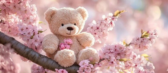 Fototapeta premium Adorable teddy bear nestled beside a blooming cherry blossom tree perfect for springtime decor