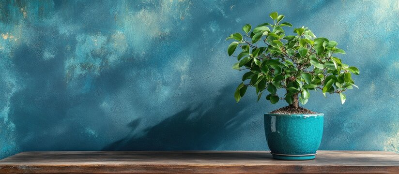 Bonsai ficus panda in a vibrant blue pot placed on a rustic wooden table enhancing interior decor