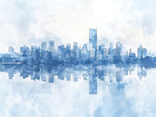 Fototapeta premium Dreamy Watercolor Skyline with Reflections in Calm Blue Tones