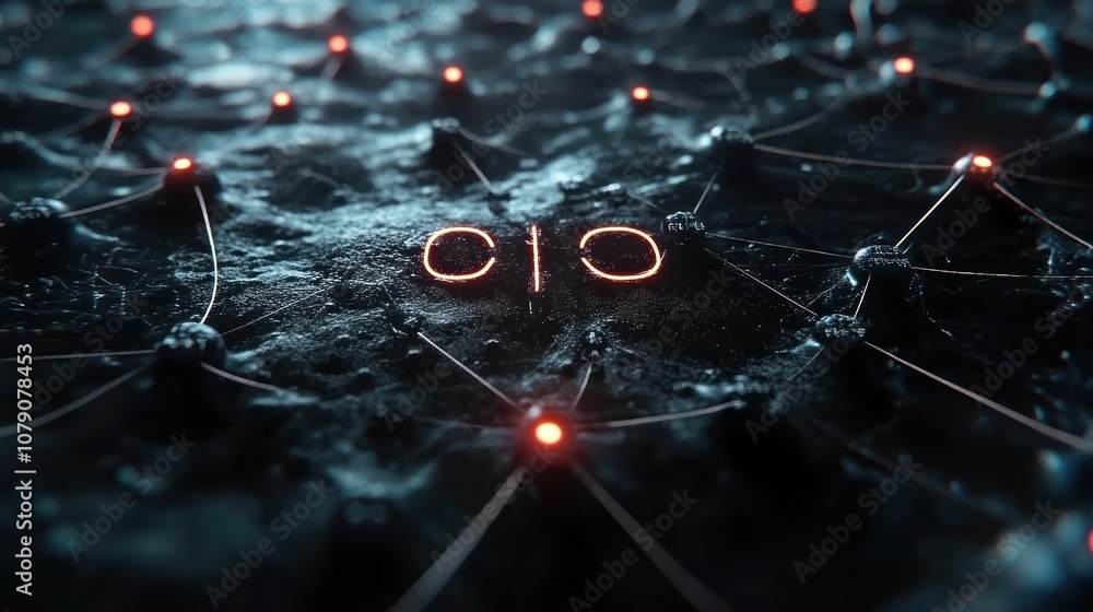 Poster network connection with glowing red dots and a glowing 'cio' on a dark surface.