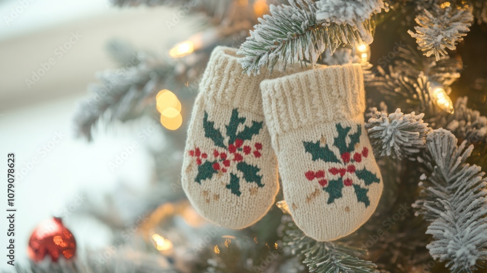 Poster two knitted mittens decorated with holly patterns dangle from the branches of a beautifully decorate
