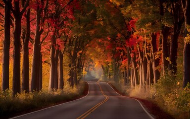 Obraz premium Autumn Road with Vibrant Trees, Falling Leaves, and Winding Pathway