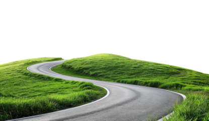 Asphalt road curving through a lush green landscape on a transparent background.