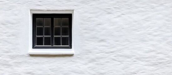 Black window framed by a white painted wall of a contemporary house showcasing modern architecture and design