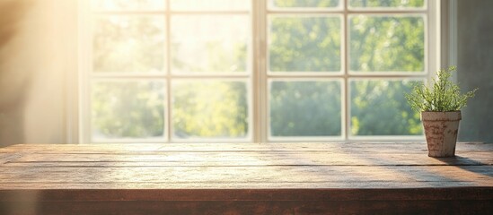 Brightly lit room with a large blurred window and a weathered antique desk ideal for creative workspace or nostalgic decor