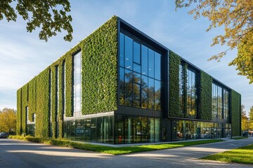 Obraz premium Modern sustainable office building with green walls, integrating eco-friendly features like rainwater harvesting and natural ventilation to enhance energy efficiency and resilience.