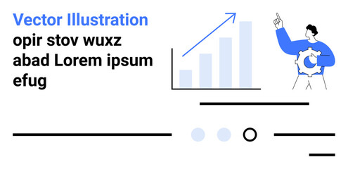 Arrows upward, bar chart, character with gear suggest growth and technology. Black text lines, blue highlights, professional fonts. Ideal for business, marketing, analytics, technology, development
