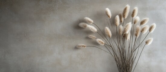 Brown bunny tail grass against a soft grey backdrop ideal for minimalistic designs
