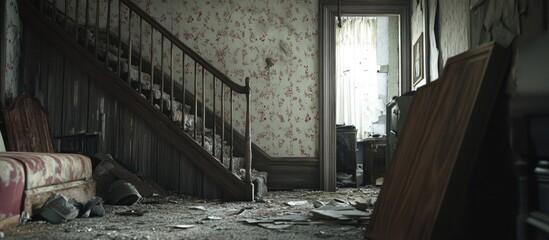 Abandoned interior of a dilapidated house showcasing peeling wallpaper and broken furniture evoking a sense of nostalgia and decay