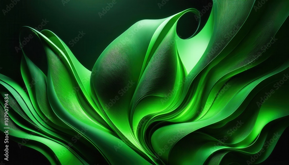 Poster luminous neon green waves in abstract fluid motion. energized flowing lines and curves creating a fu