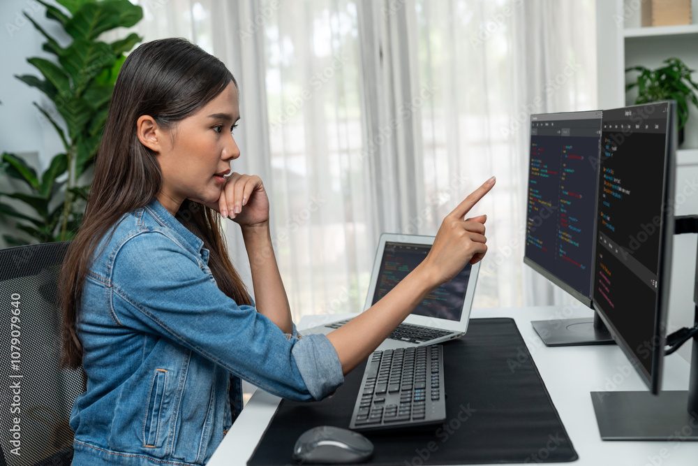 Poster young asian girl of it developer pointing online information on pc with coding program data applicat