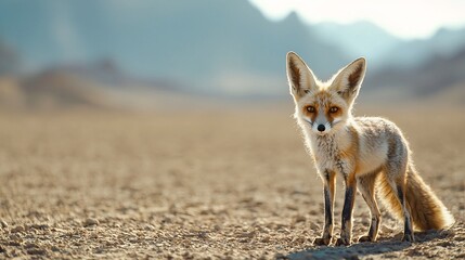 Obraz premium Alert Desert Fox Standing Amid Parched Terrain with Distant Mountains