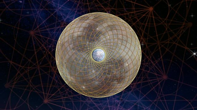 Video animation gold torus yantra on big moon planet, Flower of Life. Sacred geometry. Loop footage of Mystic icon geometric drawing, special effects starry sky, blue galaxy wireframe background