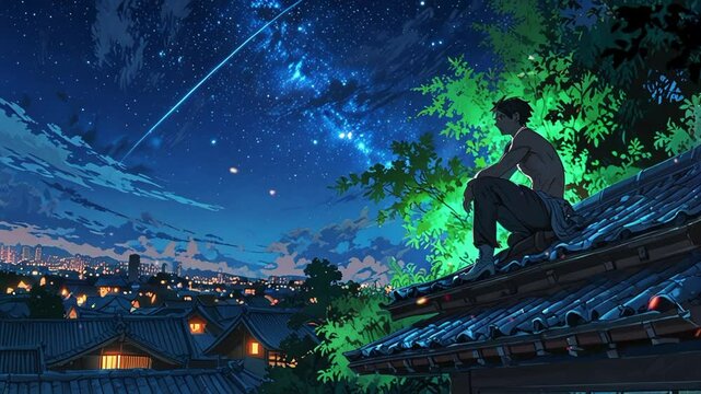 a man on the roof of a house is looking at the sky during a starry night, in anime style. seamless looping 4k video background animation