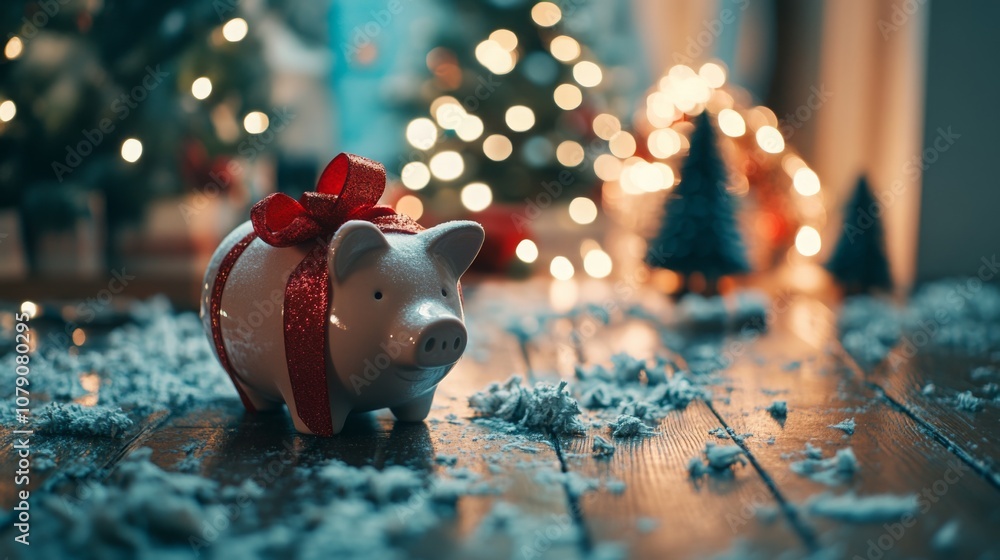 Poster a white piggy bank with a red bow sits on a wooden table. artificial snow is scattered around the pi