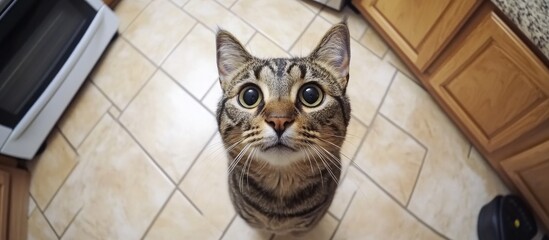 Obraz premium Adorable tabby cat sitting on a tiled kitchen floor playfully engaging with the camera