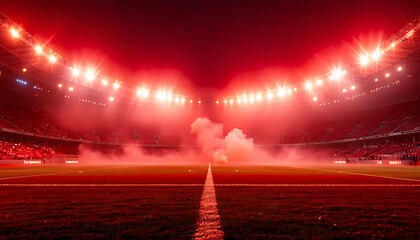 Stadium Under Red Lighting with Smoke and Intense Atmosphere
