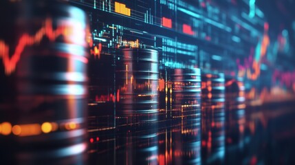 Obraz premium Rising oil prices concept with oil barrels and financial graph in background
