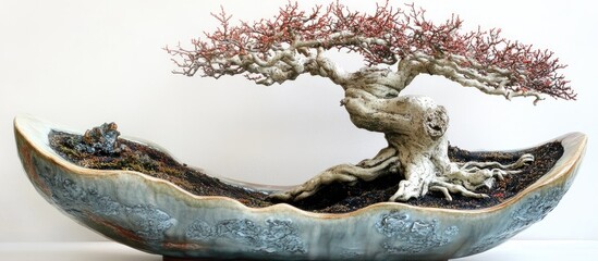 Fototapeta premium Bonsai tree in a beautiful handcrafted ceramic pot showcasing intricate pruning techniques and artistic design