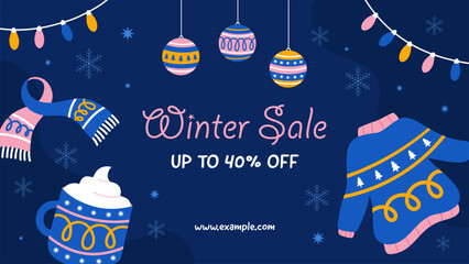 Hand drawn flat winter discount promotion sale illustration and horizontal banner