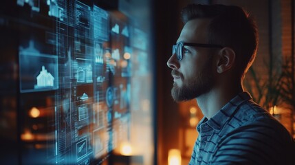 Modern businessman reviewing property investment opportunities through virtual financial platforms displaying detailed loan rates insurance options and strategic wealth management interfaces