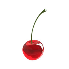 A single, glistening red cherry with a green stem, isolated against a black background.
