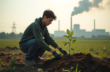 Young man planting tree sapling to promote environmental conservation near industrial area. word pollution prevention day