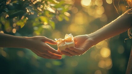 Close-up of hands exchanging a personalized gift, capturing an intimate moment with soft background blur and romantic tones, symbolizing affection and heartfelt connection.