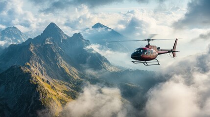 Fototapeta na wymiar A red helicopter flying above a mountain range with a cloudy sky in the background.