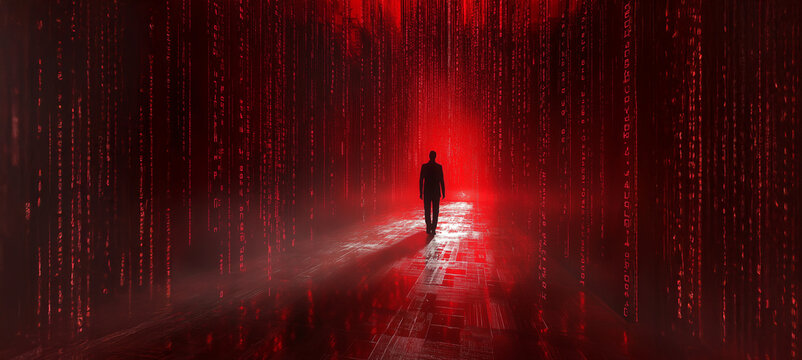 A man is silhouetted against a long tunnel of matrix code, technology concept, abstract journey with AI, computers entering a technological future. Red and black, dramatic,