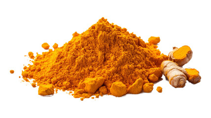 A pile of vibrant yellow turmeric powder with two pieces of fresh turmeric root.
