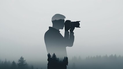 A silhouette of a photographer capturing nature, surrounded by a misty landscape, creating a serene atmosphere for creativity and exploration.