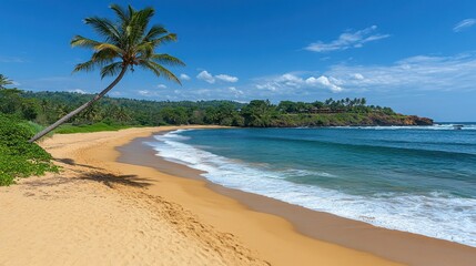 Fototapeta premium Palm tree on a secluded beach with turquoise water and white sand.